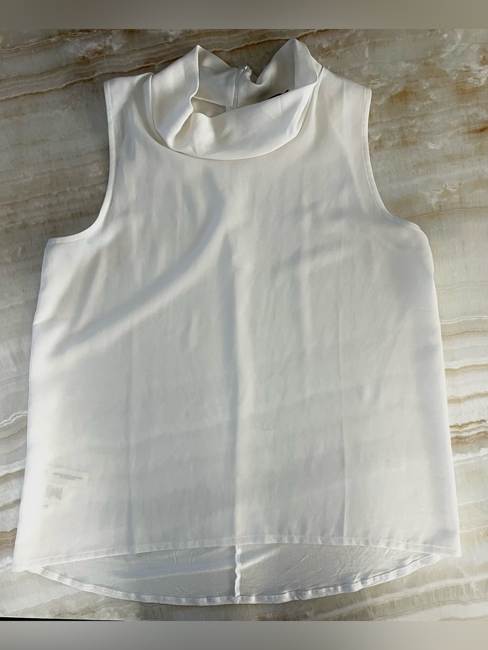 Ann Taylor Mock Neck Sleeveless Blouse Large White Back Zip Mixed Media